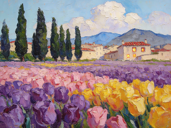 Blooming Tulips in the Countryside, Small Oil Paintings on Canvas, Hand Painted Canvas Art, Heavy Texture Oil Paintings, Original Artwork Small Paintings, Small Wall Paintings-Paintingforhome