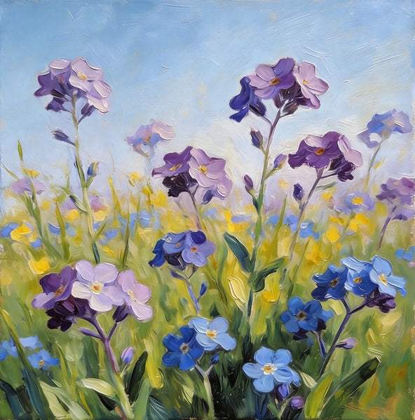 Small Canvas Artwork, Purple and Blue Forget-me-nots Blooming Wild, Buy Small Artwork Online, Hand Painted Canvas Art, Still Life Painting, Original Flower Paintings-Paintingforhome