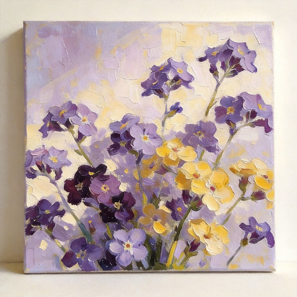 Small Canvas Artwork, Original Flower Paintings, Blooming Purple Yellow Forget-me-nots‌, Still Life Painting, Hand Painted Canvas Art, Buy Small Paintings Online-Paintingforhome