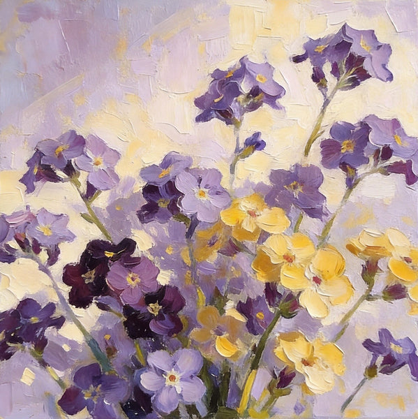 Small Canvas Artwork, Original Flower Paintings, Blooming Purple Yellow Forget-me-nots‌, Still Life Painting, Hand Painted Canvas Art, Buy Small Paintings Online-Paintingforhome
