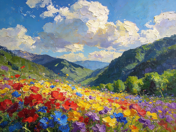 Hand Painted Canvas Art, A Valley in Bloom with Spring Flowers, On Canvas Small Paintings, Original Wall Art Paintings, Original Artwork Small Paintings, Small Landscape Paintings-Paintingforhome