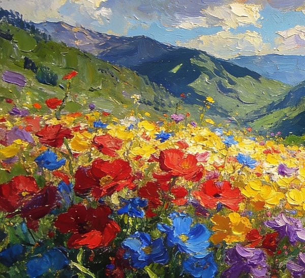 Hand Painted Canvas Art, A Valley in Bloom with Spring Flowers, On Canvas Small Paintings, Original Wall Art Paintings, Original Artwork Small Paintings, Small Landscape Paintings-Paintingforhome