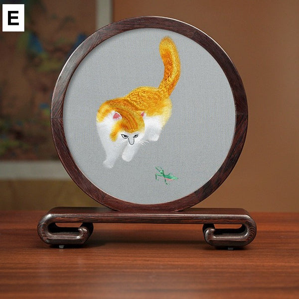Exclusive Business Present, Lovely Kitty Cat Embroidered Decor, Premium Souvenir, Unique Birthday Gift, Traditional Chinese Suzhou Kitten Embroidery Ornament-Paintingforhome