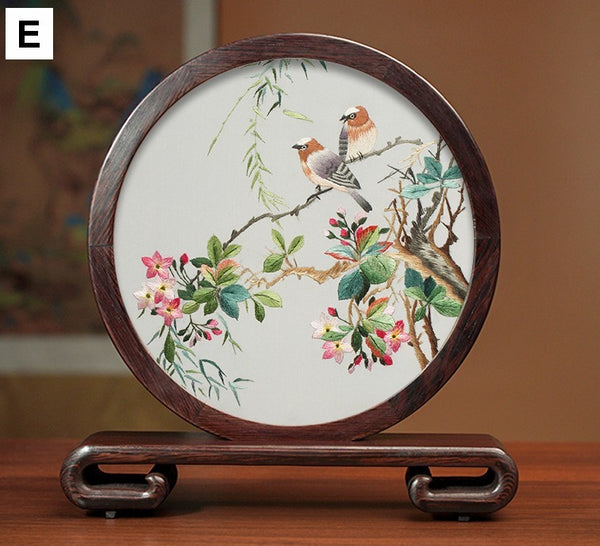 Flower and Bird Embroidery Ornaments, Unique Birthday Gift, Traditional Chinese Suzhou Silk Embroidered Ornament, Premium Souvenir, Exclusive Business Presents-Paintingforhome