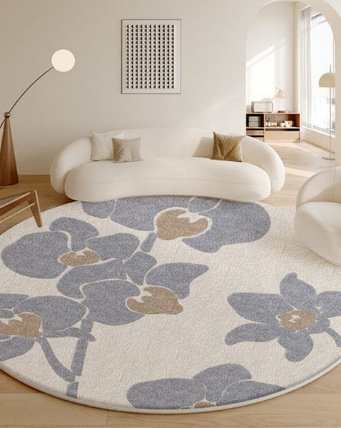 Bedroom Abstract Modern Area Rugs, Contemporary Modern Rugs, Geometric Round Rugs for Dining Room, Flower Pattern Circular Modern Rugs under Chairs-Paintingforhome