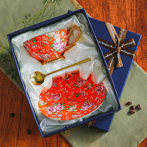 Porcelain Tea Cup and Saucer Set, Floral Ceramic Coffee Cup with Saucer, Traditional English Tea Cup and Saucer Set, Afternoon British Tea Cup with Saucer-Paintingforhome