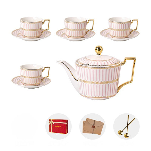 Ceramic Coffee Cups for Office, 7.4 oz British Tea Cups with Teapot, Modern Porcelain Cup and Saucer with Teapot, Pink Porcelain Tea Cup Set of 4 cups-Paintingforhome