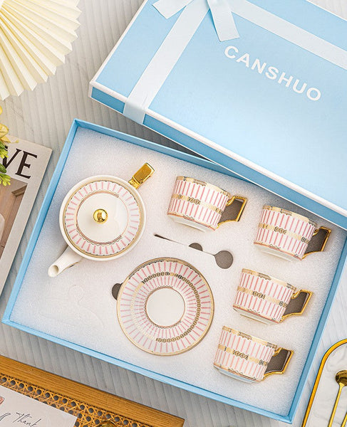 Ceramic Coffee Cups for Office, 7.4 oz British Tea Cups with Teapot, Modern Porcelain Cup and Saucer with Teapot, Pink Porcelain Tea Cup Set of 4 cups-Paintingforhome