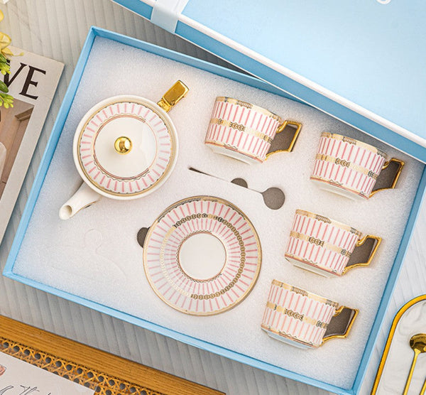 Ceramic Coffee Cups for Office, 7.4 oz British Tea Cups with Teapot, Modern Porcelain Cup and Saucer with Teapot, Pink Porcelain Tea Cup Set of 4 cups-Paintingforhome