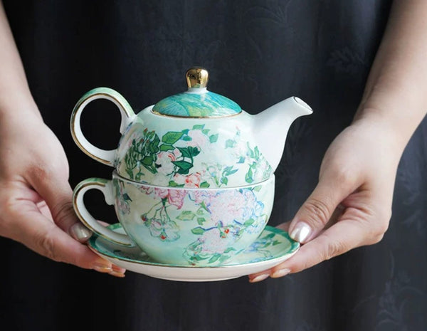 Vintage Style Stackable Tea Pot Set, English Style Tea Pot and Cup Set, Ceramic Tea Pot with Integrated Cup, Mother-and-Baby Teapot with Matching Saucer-Paintingforhome