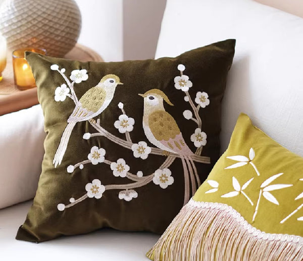 Vintage Decorative Pillows, Embroidered birds cushion, Decorative Pillows for Couch, Modern Throw Pillows for Bedroom, Decorative Pillow Arrangement Ideas for Couch-Paintingforhome