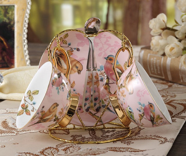 Elegant Ceramic Coffee Cups, Beautiful British Tea Cups, Bird Bone China Porcelain Tea Cup Set, Tea Cups and Saucers in Gift Box as Birthday Gift-Paintingforhome