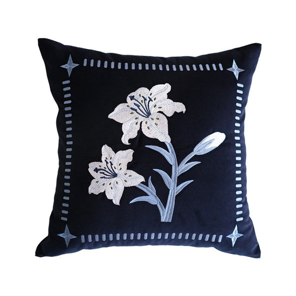 Dark Blue Lily Embroidered Cushion, Living Room Decorative Pillows, Decorative Pillow Arrangement Ideas for Couch, Large Decorative Pillows for Couch, Modern Throw Pillows for Bedroom-Paintingforhome