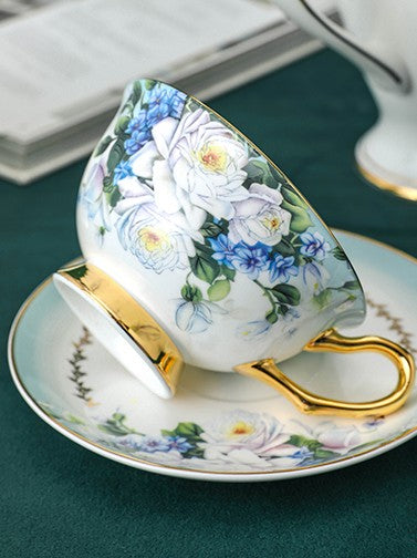 Elegant British Ceramic Coffee Cups, 7.4 oz Tea Cup and Saucer in Gift Box, Royal Porcelain Tea Cup Saucer Set, Rose Flower Pattern Ceramic Cups-Paintingforhome
