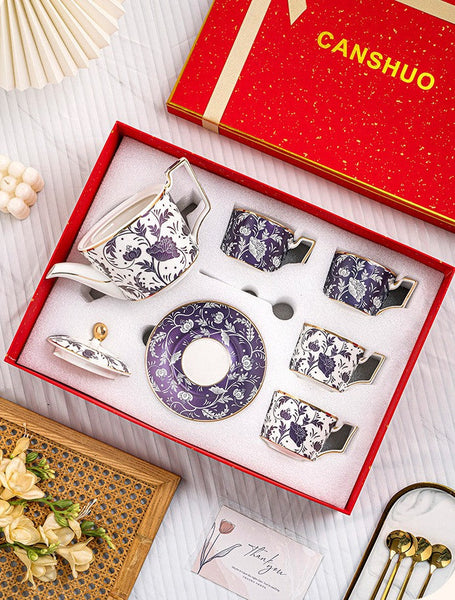 Porcelain Tea Cup and Saucer Set of 4 cups, 8 oz British Traditional Afternoon Tea Cup Set with Teapot, Ceramic Coffee Cup with Saucer in Gift Box-Paintingforhome