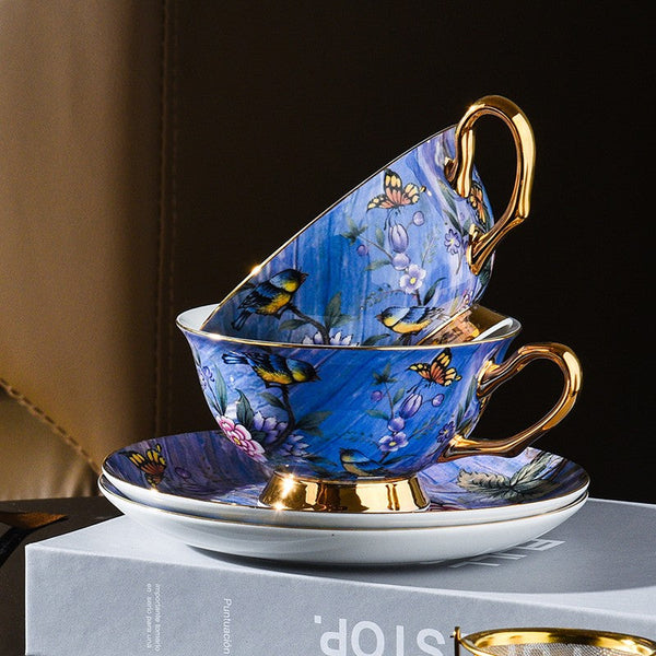 Blue Bird and Butterfly Porcelain Tea Cup Saucer Set, 7.4 oz British Tea Cup and Saucer in Gift Box, Elegant British Ceramic Coffee Cups-Paintingforhome