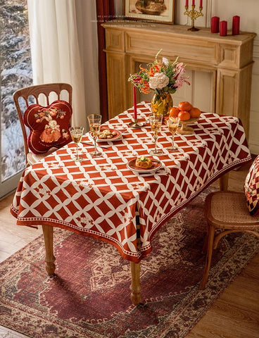 Holiday Red Tablecloth for Dining Table, Rabbit Pattern Table Cover for Dining Room Table, Modern Rectangle Tablecloth for Oval Table-Paintingforhome