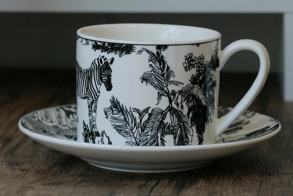 Royal Ceramic Cups, Elegant Ceramic Coffee Cups, 6.8 oz Tea Cup and Saucer in Gift Box, Zebra Jungle Porcelain Tea Cup Saucer Set-Paintingforhome