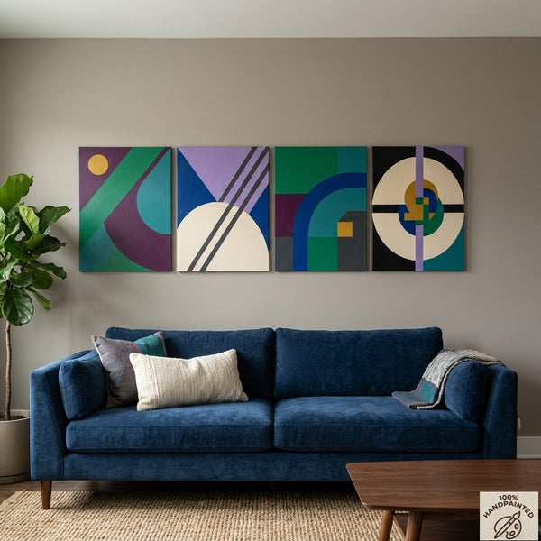 Abstract Geometric Art, Modern Paintings for Mid Century Living Room, Multi Panel Canvas Paintings