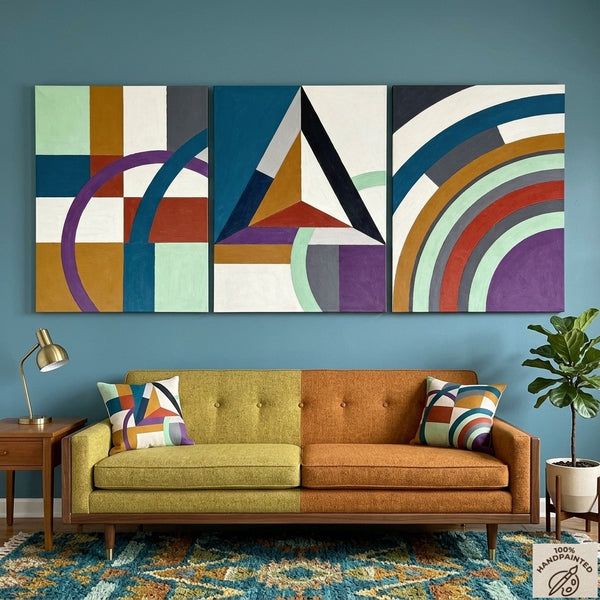 Multi Panel Canvas Art, Geometric Pattern Contemporary Artwork, Abstract Paintings for Mid Century Modern Living Room