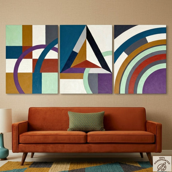 Multi Panel Canvas Art, Geometric Pattern Contemporary Artwork, Abstract Paintings for Mid Century Modern Living Room