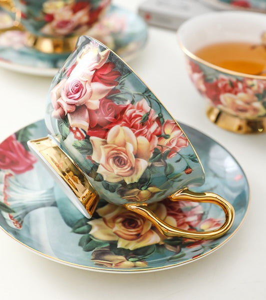 Rose Royal Ceramic Cups, Elegant Flower Ceramic Coffee Cups, Afternoon Porcelain Tea Cup Saucer Set, 6.8 oz Tea Cup and Saucer in Gift Box-Paintingforhome
