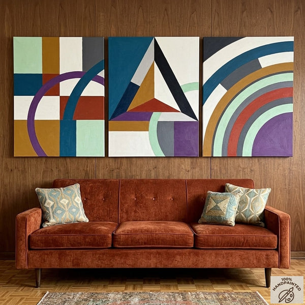 Multi Panel Canvas Art, Geometric Pattern Contemporary Artwork, Abstract Paintings for Mid Century Modern Living Room