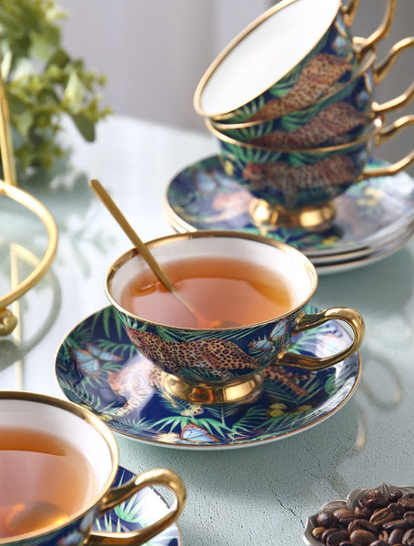 Creative Leopard Ceramic Coffee Cups, 6.8 oz Tea Cup and Saucer in Gift Box as Birthday Gift, Beautiful British Tea Cups, Creative Porcelain Tea Cup Set-Paintingforhome