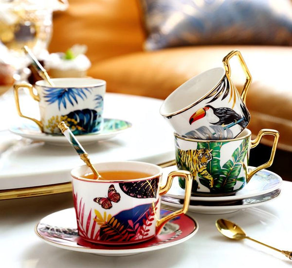 Elegant Porcelain Coffee Cups, Coffee Cups with Gold Trim and Gift Box, 7.4 oz Tea Cup and Saucer, Jungle Animal Porcelain Coffee Cups-Paintingforhome