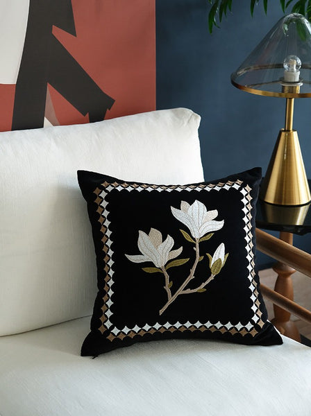 Decorative Pillow Arrangement Ideas for Couch, Magnolia Embroidered Cushion, Large Decorative Pillows for Couch, Modern Throw Pillows for Bedroom, Living Room Decorative Pillows-Paintingforhome