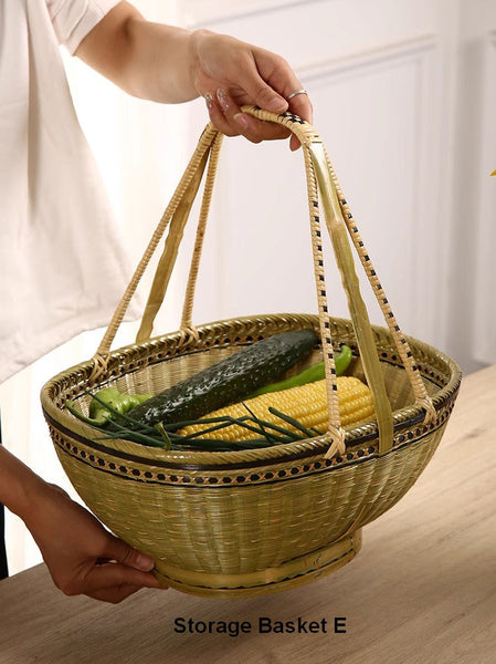 Natural Hand-woven Bamboo Basket, Natural Fruit Basket Kitchen Storage Baskets, Extra Large Picnic Food Basket with Handle, Lovely Bamboo Baskets for Vegetable-Paintingforhome