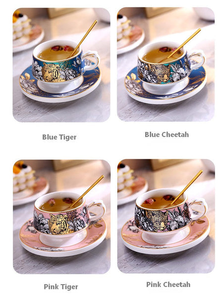 Jungle Tiger Cheetah Porcelain Tea Cups, Creative Ceramic Cup and Saucer, Unique Ceramic Coffee Cups with Gold Trim and Gift Box-Paintingforhome