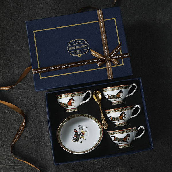 Porcelain Tea Cup and Saucer Set, 7.4 oz British Horse Pattern Coffee Cup with Saucer, Ceramic Tea Cup and Saucer in Gift Box-Paintingforhome