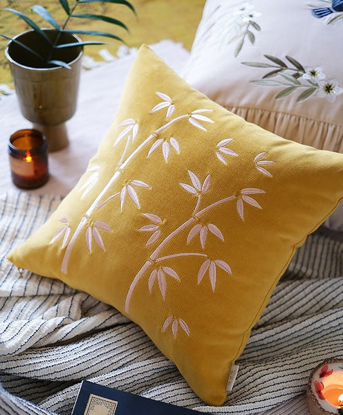 Decorative Pillow Arrangement Ideas for Couch, Large Decorative Pillows for Couch, Modern Throw Pillows for Bedroom, Living Room Decorative Pillows, Yellow Embroidered Bamboo Cushion-Paintingforhome