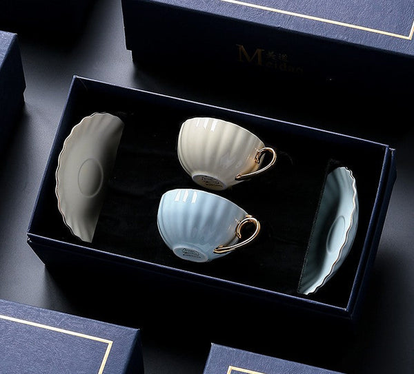 Elegant Macaroon Ceramic Coffee Cups, Beautiful British Tea Cups, Creative Porcelain Tea Cup Saucer Set of 2 Cups, 6.8 oz Tea Cup and Saucer in Gift Box as Birthday Gift-Paintingforhome