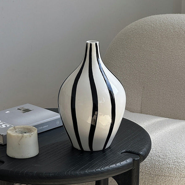 Water Holding Flower Vases, Black and White Striped Ceramic Vase, Porcelain Flower Vases, Modern Flower Vases on Table-Paintingforhome