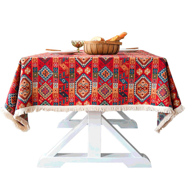 Oriental Red Rectangular Table Covers for Coffee Table, Bohemian Rectangular Tablecloth for Oval Table, Large Modern Linen Tablecloths-Paintingforhome