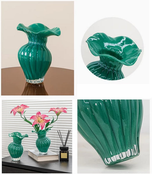 Unique Handmade Liuli Vases, Color Glaze Vase, Contemporary Vases for Modern Home Decor, Green Glass Bud Vases, Centerpiece Vases on Table-Paintingforhome
