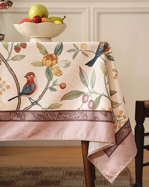 Bird and Fruit Tree Kitchen Table Cover, Linen Table Cover for Dining Room Table, Tablecloth for Round Table, Simple Modern Rectangle Tablecloth Ideas for Oval Table-Paintingforhome