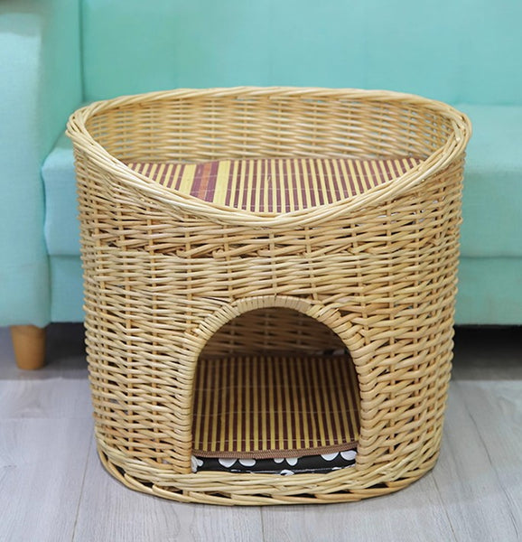 Washable Wicker Cat Bed, Wicker Cat House with Washable Cushion for Indoor Cats and Dogs-Paintingforhome