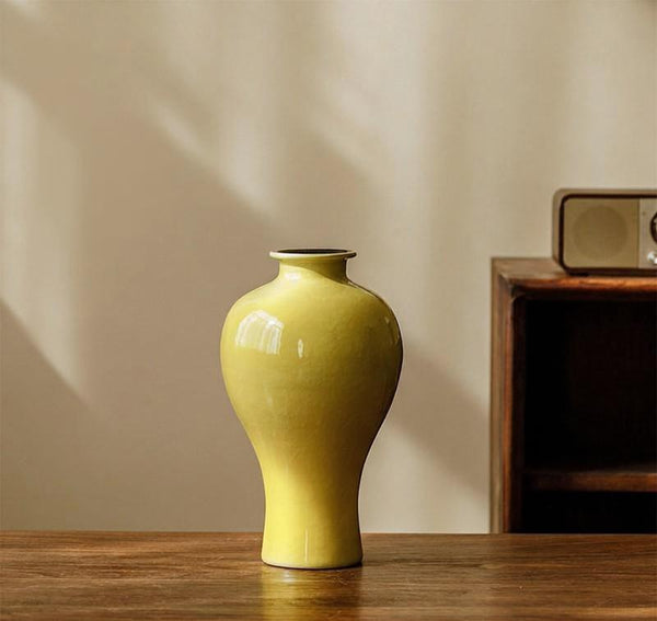 Handmade Water Holding Flower Vase, Yellow Flower Vases on Table, Ceramic Bud Vases, Porcelain Flower Vases-Paintingforhome