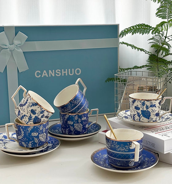 Unique British Traditional Afternoon Tea Cup Set with Teapot, 8 oz Ceramic Coffee Cup with Saucer Set of 4 cups in Gift Box, Blue Porcelain Tea Cup and Saucer Set-Paintingforhome