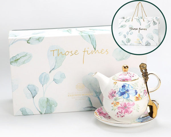 Ceramic Tea Pot with Integrated Cup, Stackable Teapot and Cup Set, Porcelain Teapot with Matching Cup and Saucer in Gift Box, Mother and Baby Teapot with Matching Saucer-Paintingforhome