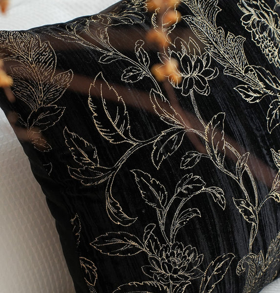 Contemporary Modern Sofa Pillows, Black Embroidery Flower Pattern Pillows for Couch, Decorative Throw Pillows for Bedroom, Large Modern Sofa Pillow for Dining Room-Paintingforhome