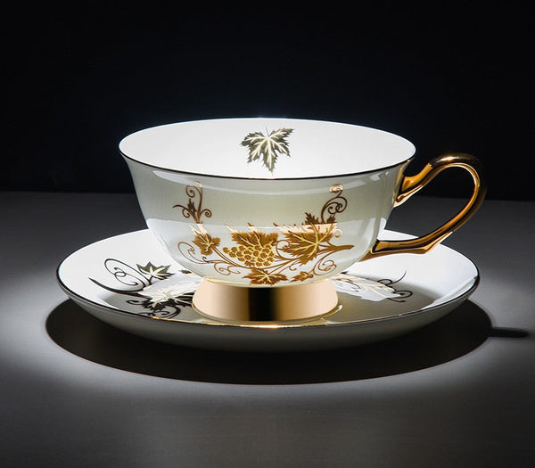 Golden Leaves and Grapes Porcelain Tea Cup Saucer Set, 7.4 oz British Tea Cup and Saucer in Gift Box, Elegant British Ceramic Coffee Cups-Paintingforhome