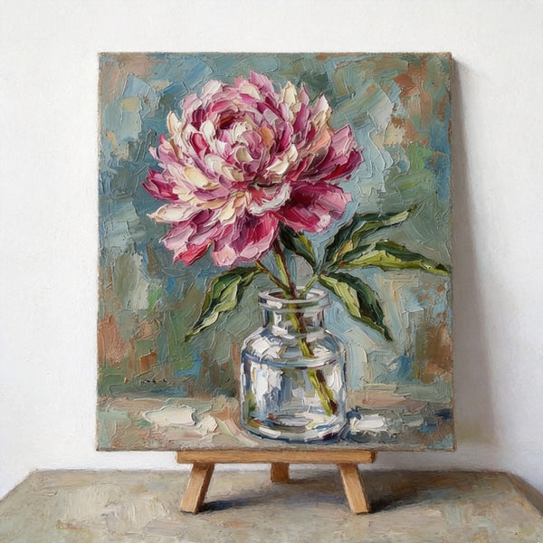 Hand Painted Canvas Art, Blooming Pink Peony in Glass Vase, Still Life Painting, Impasto Heavy Texutre Art, Small Canvas Artwork, Original Flower Paintings