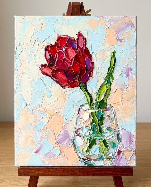 Original Oil Painting on Canvas, Original Flower Paintings, Red Tulip in Glass Vase, Hand Painted Canvas Artwork, Small Canvas Artwork for Sale, Impasto Canvas Art