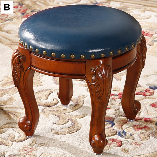 Solid Wood Ottoman, Rubberwood Entry Bench, Vanity Stool, Genuine Leather Solid Wood Entry Bench, Vintage Round Stool-Paintingforhome