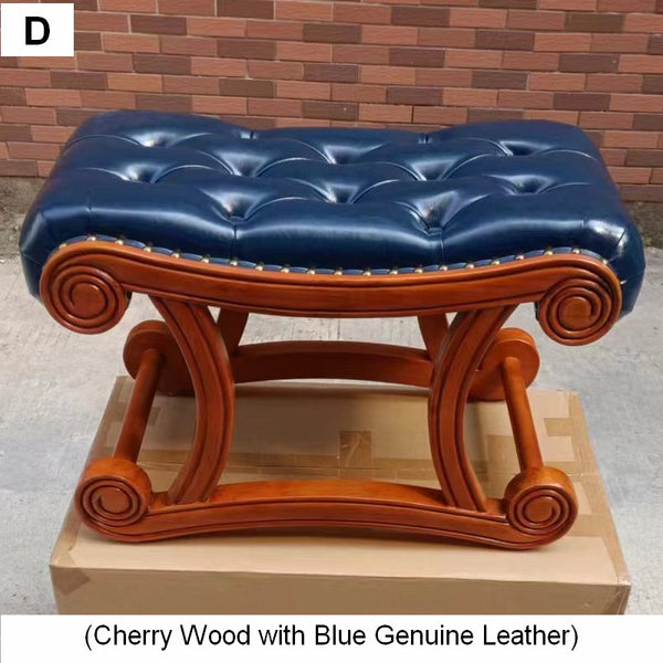 Cherry Wood Footstool, Vintage Leather Stool, Genuine Leather Solid Wood Entry Bench, Long Bench, Vanity Stool, Dressing Table Stool-Paintingforhome