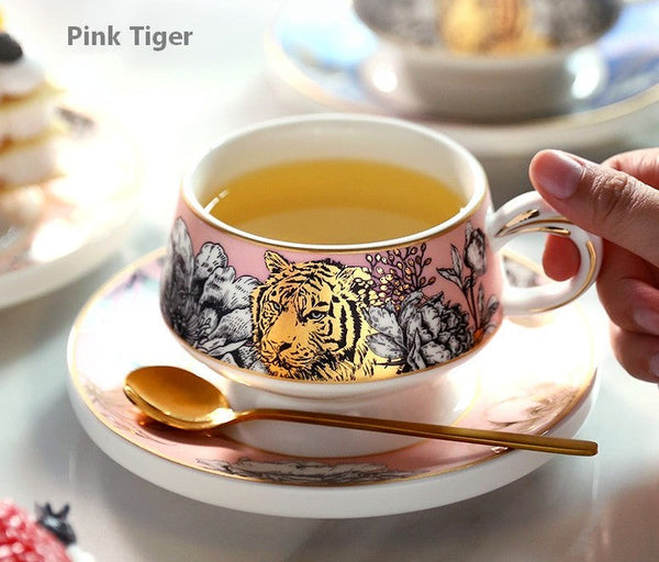 Creative Ceramic Tea Cup and Saucer, Jungle Tiger Cheetah Porcelain Coffee Cups, Unique Ceramic Cups with Gold Trim and Gift Box-Paintingforhome